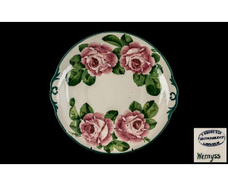 Wemyss T. Goode &amp; Co Twin Handle Shallow Dish of Circular Form ' Cabbage Roses ' Pattern. c.1920's. Diameter 9.5 Inches -
