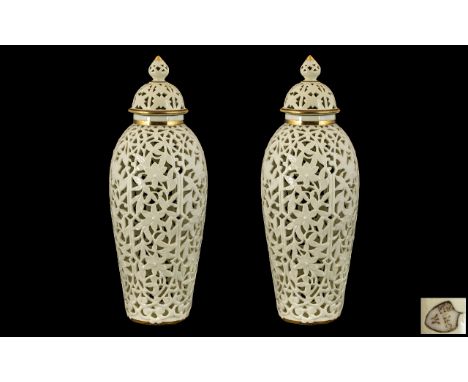 Royal Worcester Grainger Fine Quality Pair of Pierced Reticulated Cream Coloured Lidded Vases. c.1870. Wonderful Proportions 