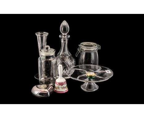 Collection of Glassware, comprising:  a glass cake plate on pedestal, measures 9" diameter x 3" height; a heavy crystal glass