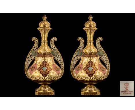 Royal Crown Derby - Rare and Superb Pair of Large Impressive Exhibition Islamic Style Twin Reticulated Handle Porcelain Vases