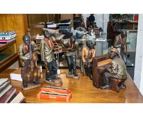 Set of Six Vintage Decorated Resin Figures of a Black Jazz Band, of large size, comprising Piano/Singer, Double Bass Player, 