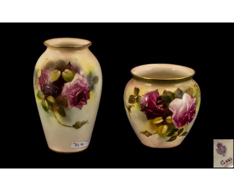 Royal Worcester Hand Painted Pair of Roses Small Vases ( 2 ) Comprises 1/ ' Roses ' Stillife. Date 1917 - C461 Shape. Height 