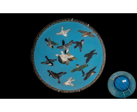 Unusual Antique Meiji Period Cloisonne Enamel Charger, Depicting Birds In Flight, the Center Decorated with Three Birds Entwi