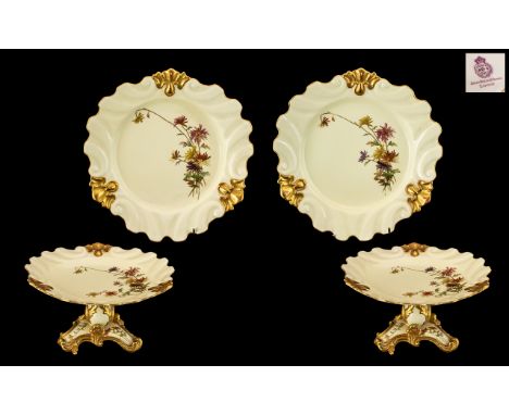 Royal Worcester Special Commission Wonderful Quality Hand Painted Porcelain Set of Matching Pedestal Dishes and Cabinet Plate