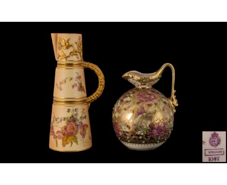 Royal Worcester - Hand Painted Blush Ivory Jug, Decorated with Painted Images of Spring Flowers with Naturalistic Gold Handle