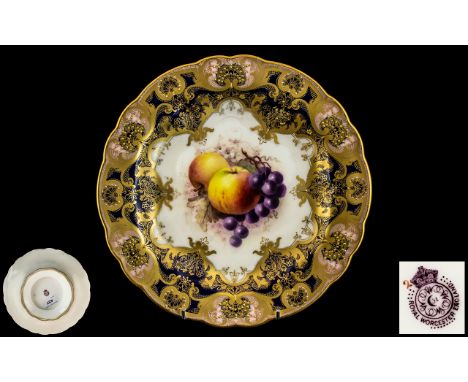 Royal Worcester Hand Painted Fruits Tazza - Pleasing Proportions ' Fallen Fruits ' Stillife - Apples and Grapes on White Grou