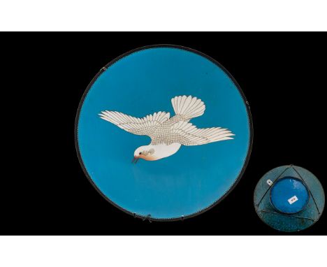 Rare Robins Egg Blue Ground Colour Meiji Period Cloisonne Enamel Charger Depicting a Single White Dove of Peace In Flight. Di