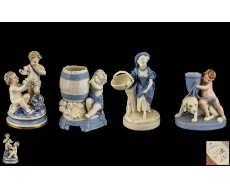 Royal Worcester 19th Century Collection of Blue and White Porcelain Figures ( 4 ) In Total, of Various Subjects, All with Imp
