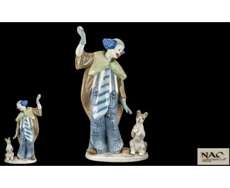 Nao by Lladro Hand Painted Porcelain Figure - Circus Clown, Ball In Hand with Small Dog. Height 11.5 Inches - 28.75 cms. 1st 