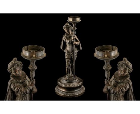 Late 19thC French Figural Mystery Night Clock, Bronzed Spelter Figure In Elizabethan Dress, Missing Glass Globe, Movement Sto