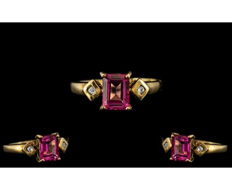 Ladies Attractive - Contemporary 9ct Yellow Gold Pink Spinel and Diamond Set Dress Ring. Full Hallmark for 9.375. The Central