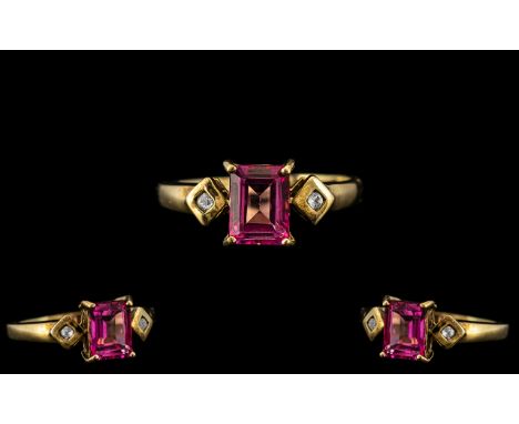 Ladies Attractive - Contemporary 9ct Yellow Gold Pink Spinel and Diamond Set Dress Ring. Full Hallmark for 9.375. The Central