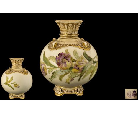 Royal Worcester Superb Quality Globular Shaped Hand Painted Vase, with Painted Images of Flowers to Central Section of Vase, 