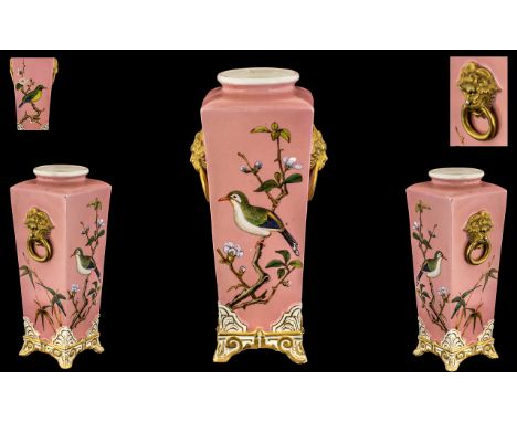 Royal Worcester - Superb Quality and Early Hand Painted Tapered 4 Sided Bird Vase with Gold Painted Lion Mask Handles. The Fr