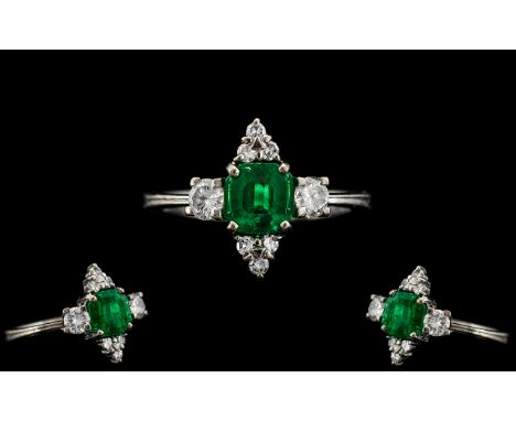 Art Deco Period 18ct White Gold - Attractive Emerald and Diamond Set Dress Ring. Marked 18ct to Interior of Shank. The Centra