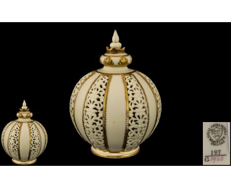 Royal China Works Worcester Persian Style Globular Shaped Reticulated Lidded Vase with Painted Gold Highlights to Cover and B