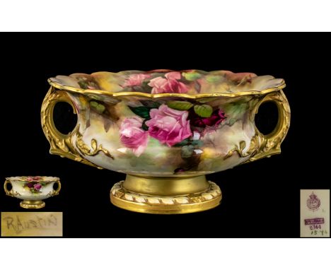 Royal Worcester - Superb / Signed Large and Impressive Hand Painted Twin Handle Footed Bowl, Decorated with Painted Images of