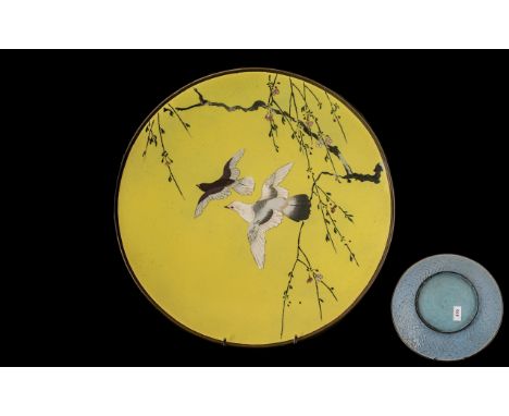 Imperial Yellow Ground Meiji Period Enamel Charger, Finely Detailed Depicting a Pair of Doves In Flight, Amongst Cherry Bloss