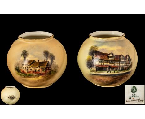 Royal Worcester Hand Painted Pair of Globular Shaped Small Vases ( 2 ) One with Painting of ' Shakespeare's House ' Shape No 