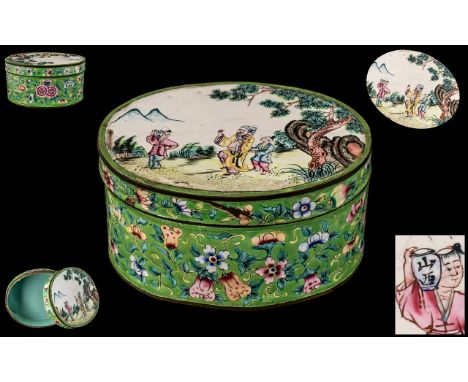 Chinese Antique Canton Enamel Oval Shaped Lidded Box of Large Size, Decorated to the Lid with a Sage with two Boys In Landsca