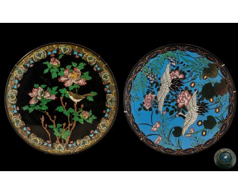 Two Antique Japanese Cloisonne Enamel Chargers Both Depicting Birds Amongst Flowers and Foliage on a Black Ground and Blue. D