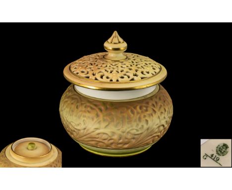 Royal Worcester - Persian Style Blush Ivory Lidded Pot-Pouri With Reticulated Top Cover, Complete with Inner Stopper of Pleas