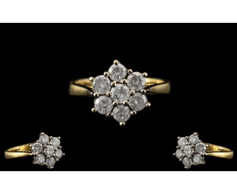 18ct Gold - Attractive 7 Stone Diamond Set Cluster Ring - Flower head Setting. Est Diamond 0.80 pts, Ring Size M. Shank / Set