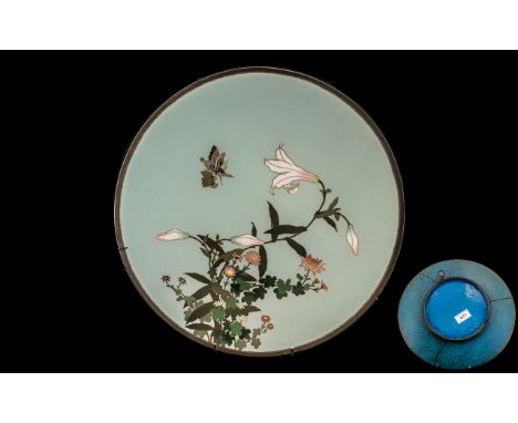 Fine Quality Japanese Antique Enamel Charger, Decorated on a Grey Coloured Body with a Central Decoration of An Orchid In Blo