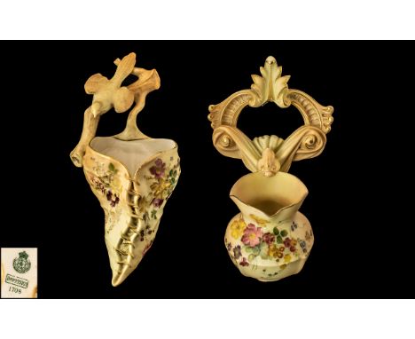 Royal Worcester Hand Painted Blush Ivory Ornate Wall Pocket with Floral Decoration. Date 1895 &amp; Shape No 1708. 9 Inches -