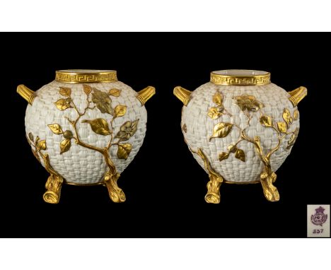 Royal Worcester Large and Impressive Pair of Twin Handle Basket Weave Pattern Naturalistic Porcelain Moon Flask Vases, Decora