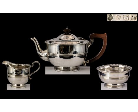 Art Deco Period - Pleasing Quality 3 Piece Sterling Silver Tea Service of Superb Proportions and Finished In Beautiful Beaded