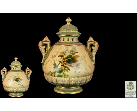 Royal Worcester Hand Painted Twin Handle Lidded Ovoid Shaped Vase, Painted Images of Thistles on Blush Ivory Ground. Date 190