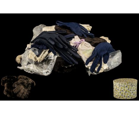 Hatbox Containing Vintage Gloves &amp; Lace, comprising three pairs of navy blue gloves, a quantity of cream gloves, a pair o