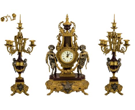 Large Italian Clock Garniture Louis XV-style Of lyre form with satyr supports flanked by seven-light candelabra, German Movem