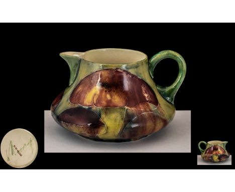William Moorcroft Signed Small Jug ' Claremont ' Toad Stools Design. c.1913-1916. Height 2.75 Inches - 6.90 cms. Light Crazin