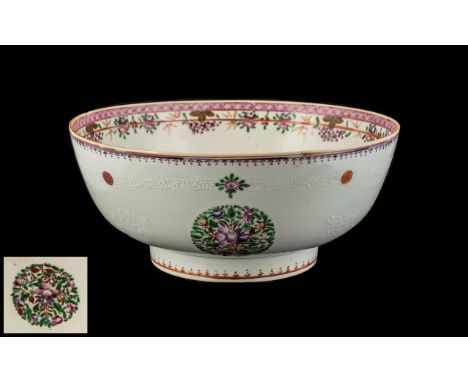 Large Antique Chinese Canton Enamel Decorated Punch Bowl, Finely Decorated In Coloured Enamels, Depicting Flowers En-Cased In