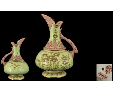 Royal China Works Worcester - Lovely Hand Painted Ewer Pitcher, Wonderful Lime Colour with Applied Daisy Decoration to Body, 