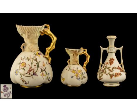 Royal Worcester Hand Painted Trio of Blush Ivory Jugs. All Decorated with Pleasing Floral Images to Bodies and Naturalistic P