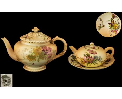 Royal Worcester - Nice Quality Hand Painted Blush Ivory Floral Teapot with Excellent Lid, The Body Decorated with Painted Ima