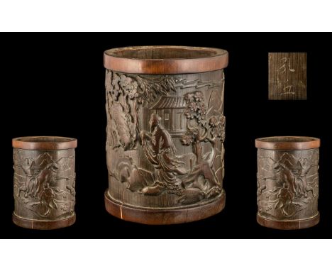 Chinese Antique Bamboo Scholars Brush Pot, Finely Carved to the Body with a Man Riding a Mounted Horse with a Boy Carrying a 