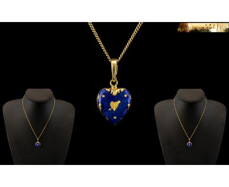 Faberge - Superb Ltd and Numbered Edition 18ct Gold and Blue Enamel Heart Shaped Pendant, with Attached 18ct Gold Chain. Date