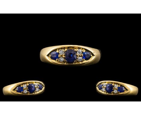 Edwardian Period 18ct Gold - Attractive Sapphire and Diamond Ring. The Old Cut Diamonds and Sapphires of Good Colour / Clarit