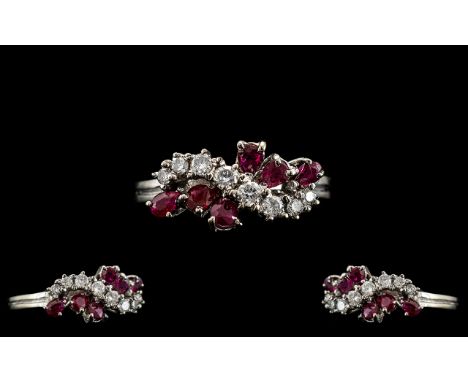 Ladies - Retro 1970's Attractive 18ct White Gold Ruby and Diamond Set Dress Ring, In A Stylished Setting. Hallmark London 197