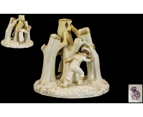 Royal Worcester Hand Painted Figural Spill Vase - Boy and Girl Playing Hide and Seek In a Forrest Setting, Modelled by James 