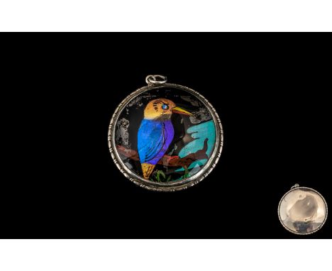 Large Silver Enamel Pendant. Hallmarked to Back with Patent No. 4 cms In Diameter. Please See Photo. 
