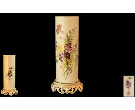 Royal Worcester Hand Painted Blush Ivory Floral Vase of Cylindrical Form with Decorated Images of Assorted Spring Flower on I