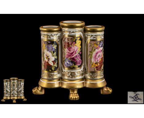 Samson 19th Century French Hand Painted Triple Flower Footed Vase, Each Panel with Painted Floral Images and Painted Gold Bor