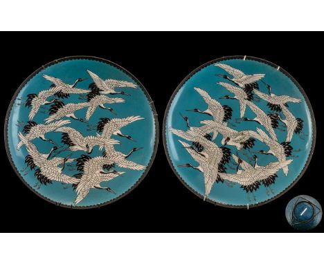 A Fine Quality Matched Pair of Japanese Meiji Period Cloisonne Enamel Chargers, Depicting Imperial White Red Headed Crane Bir