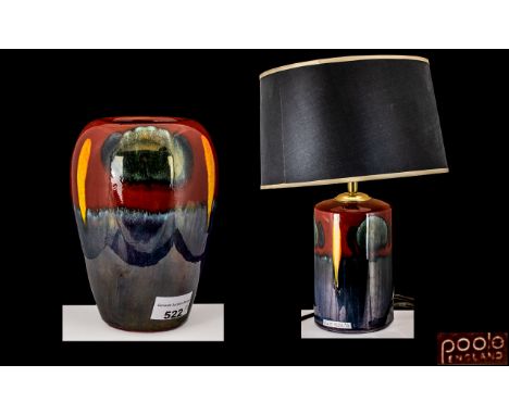 Two Modern Poole Abstract Glazed Vases one converted into a lamp. Tallest including shade is 17 inches. 