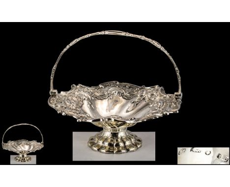 Early Victorian Period Superb Sterling Silver Swing Handle Ornate Shaped Fruit Basket with Pierced Open worked Sides and Hand